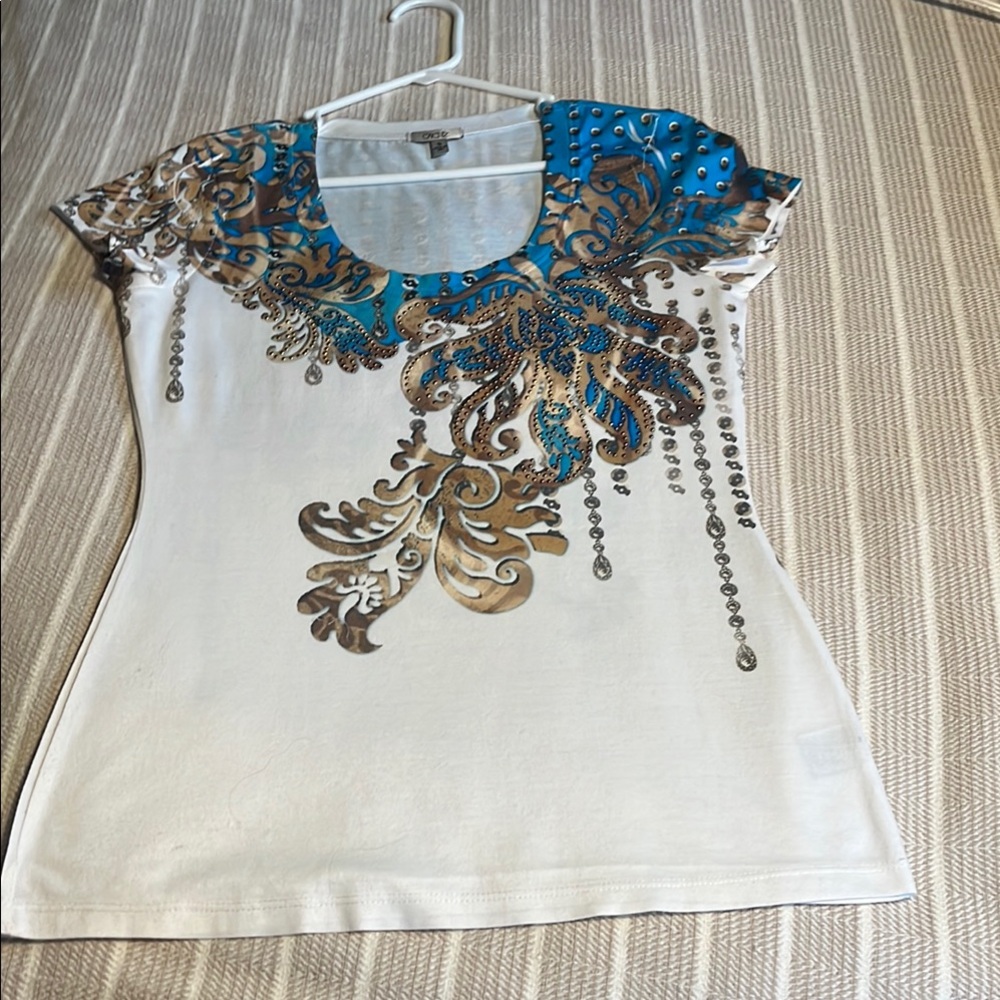Women's White and Blue Embellished Top